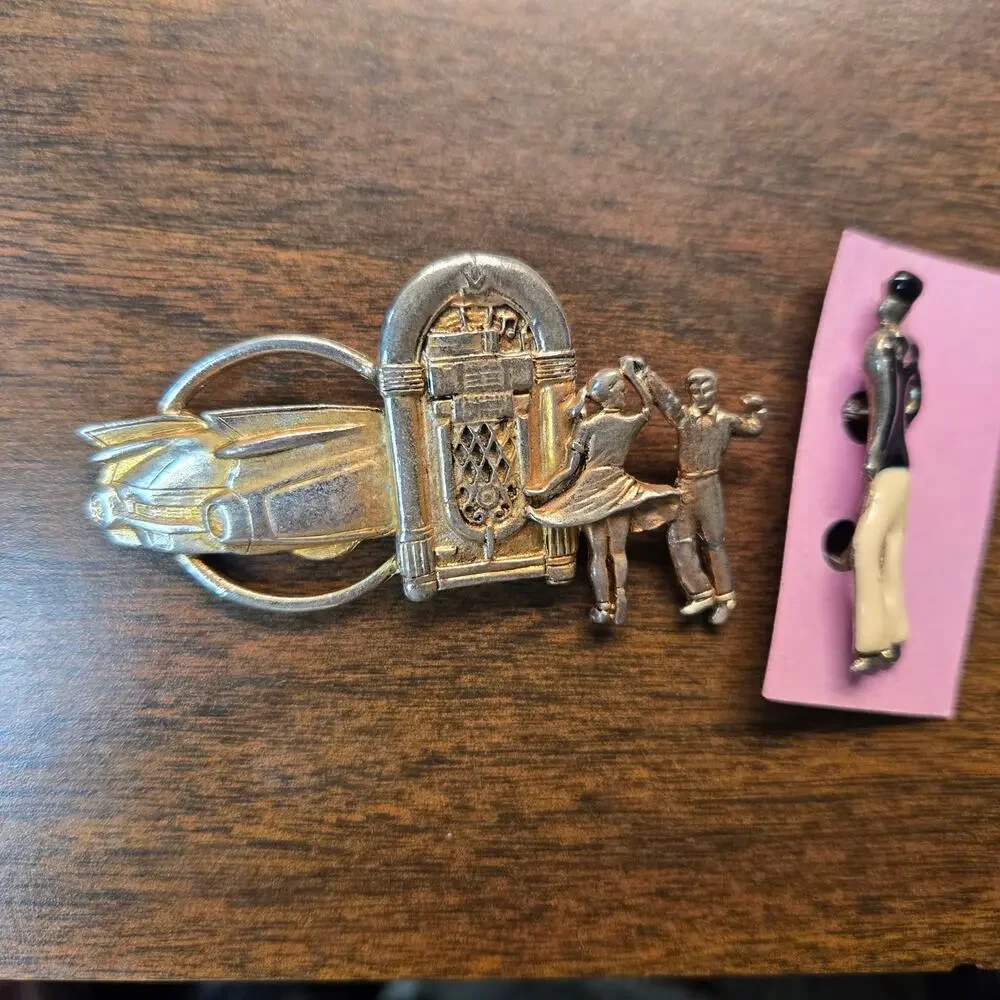 Vintage SilverTone Pin Lot 1950s Jukebox Cadillac Sock Hop & Navy Sailor Man